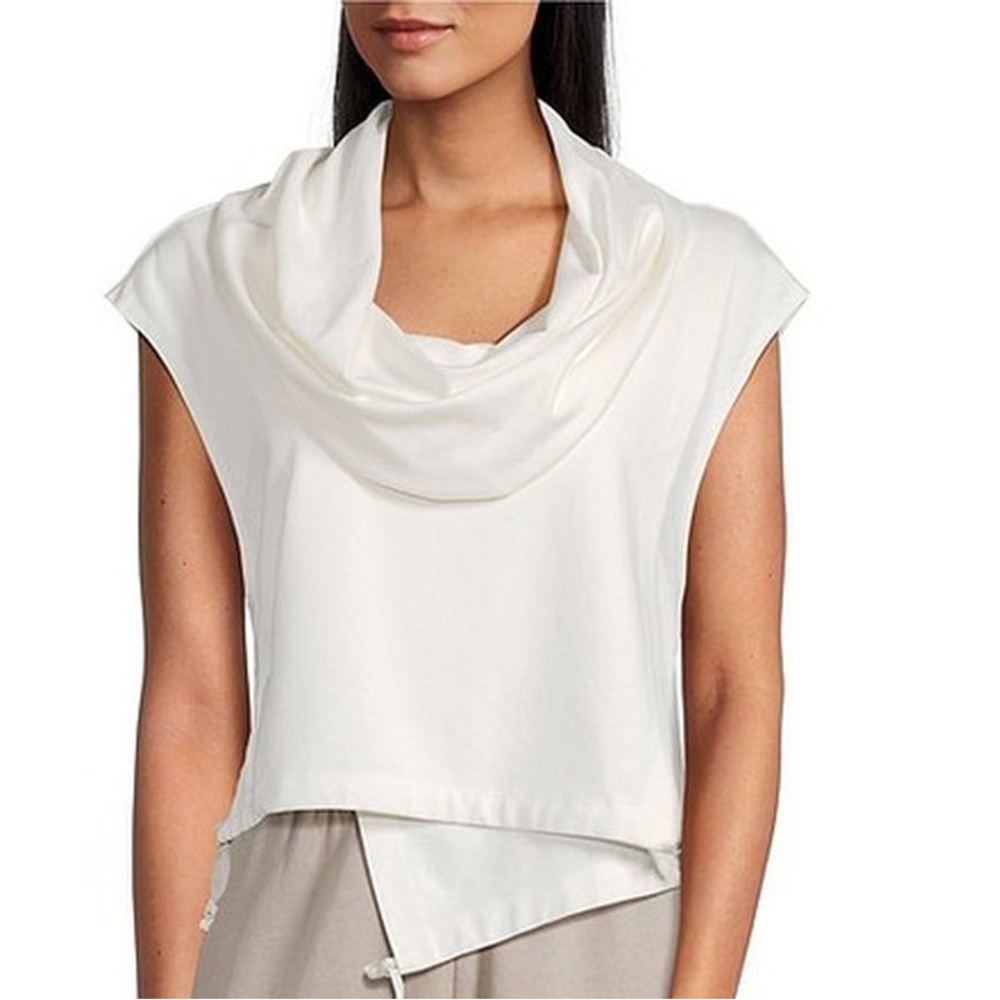 Bryn Walker Pennie Cowl Neck Top Medium Cap Sleeve White Asymmetrical Crop Top
